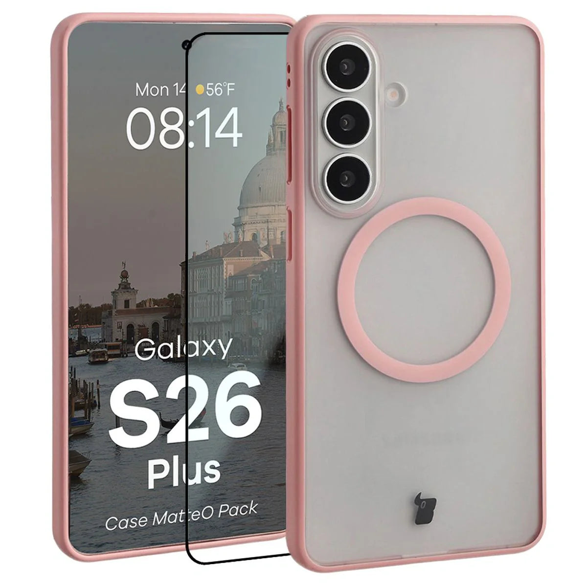 Schutzhülle mit Magnetring + gehärtetem Glas für Galaxy S26 Plus, Bizon MatteO Pack, Getönt-Hellrosa