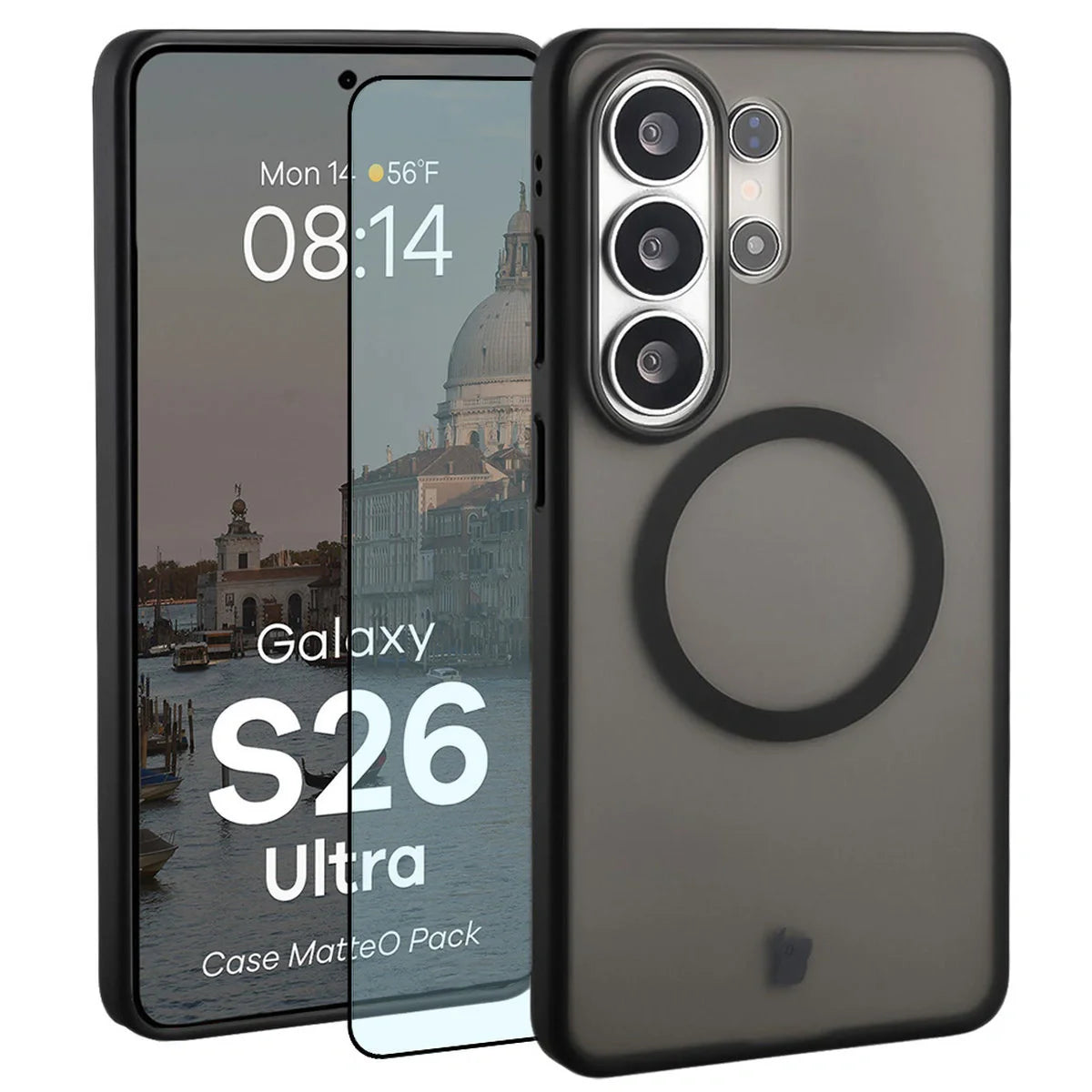 Schutzhülle mit Magnetring + gehärtetem Glas für Galaxy S26 Ultra, Bizon MatteO Pack, Getönt-Beige