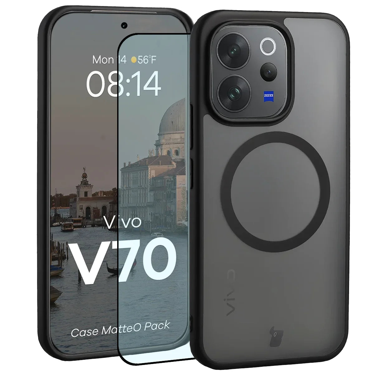 Schutzhülle mit Magnetring + gehärtetem Glas für Vivo V70 5G, Bizon MatteO Pack, Getönt-Schwarz