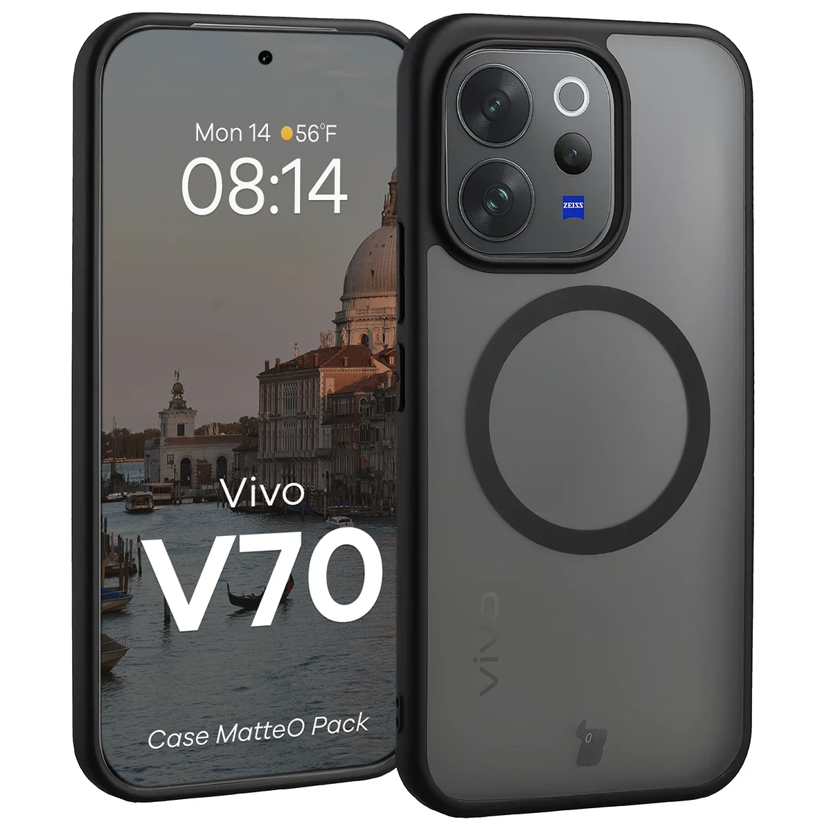 Schutzhülle mit Magnetring + gehärtetem Glas für Vivo V70 5G, Bizon MatteO Pack, Getönt-Schwarz