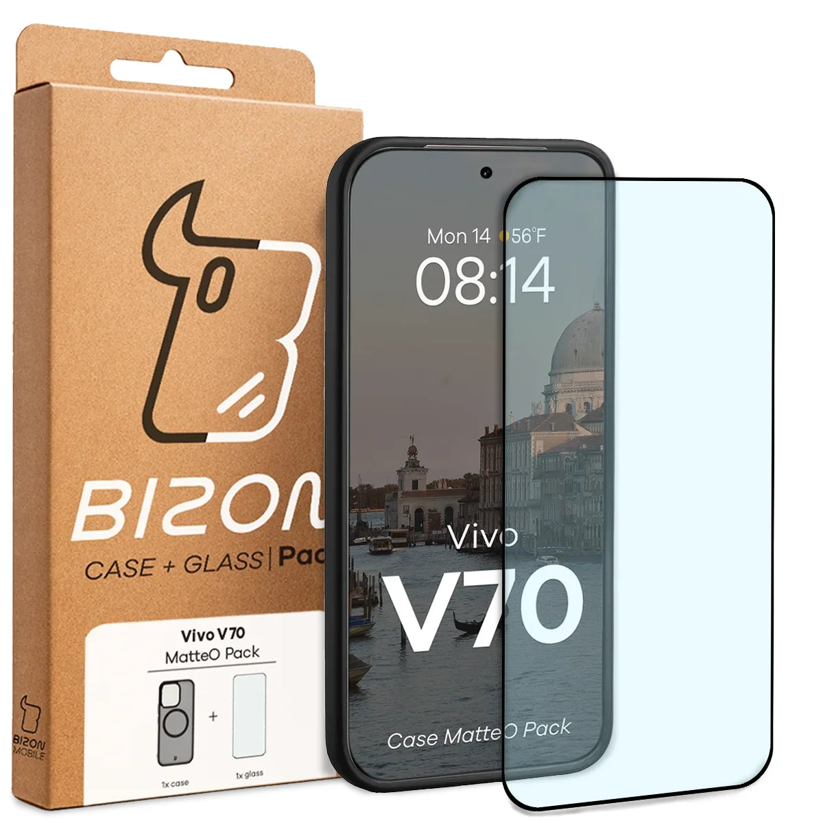 Schutzhülle mit Magnetring + gehärtetem Glas für Vivo V70 5G, Bizon MatteO Pack, Getönt-Schwarz
