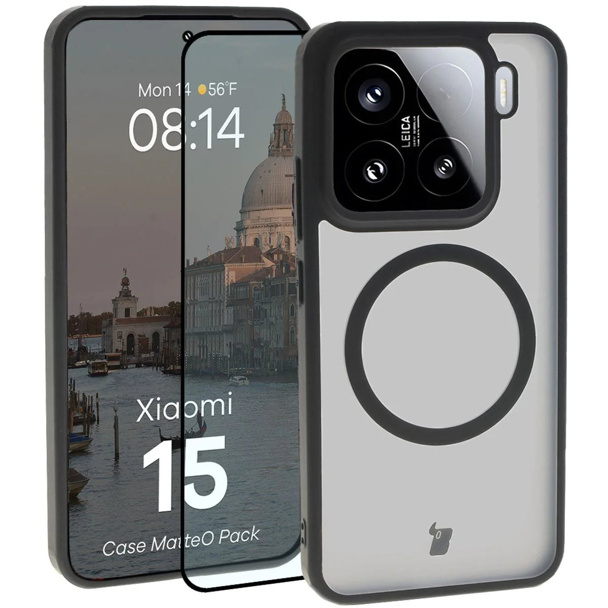 Schutzhülle mit Magnetring + gehärtetem Glas für Xiaomi 15, Bizon MatteO Pack, Getönt-Schwarz