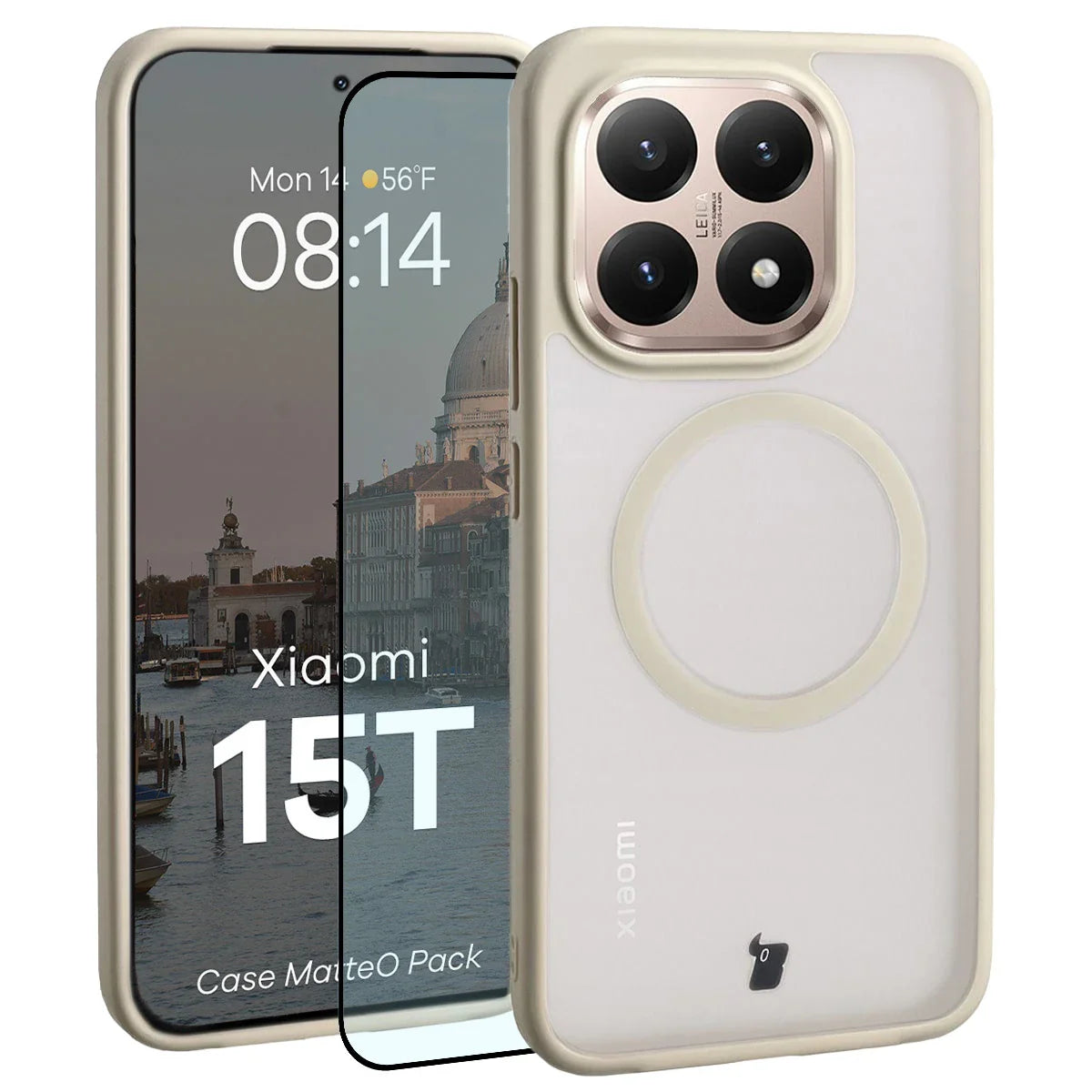 Schutzhülle mit Magnetring + gehärtetem Glas für Xiaomi 15T, Bizon MatteO Pack, Getönt-Beige