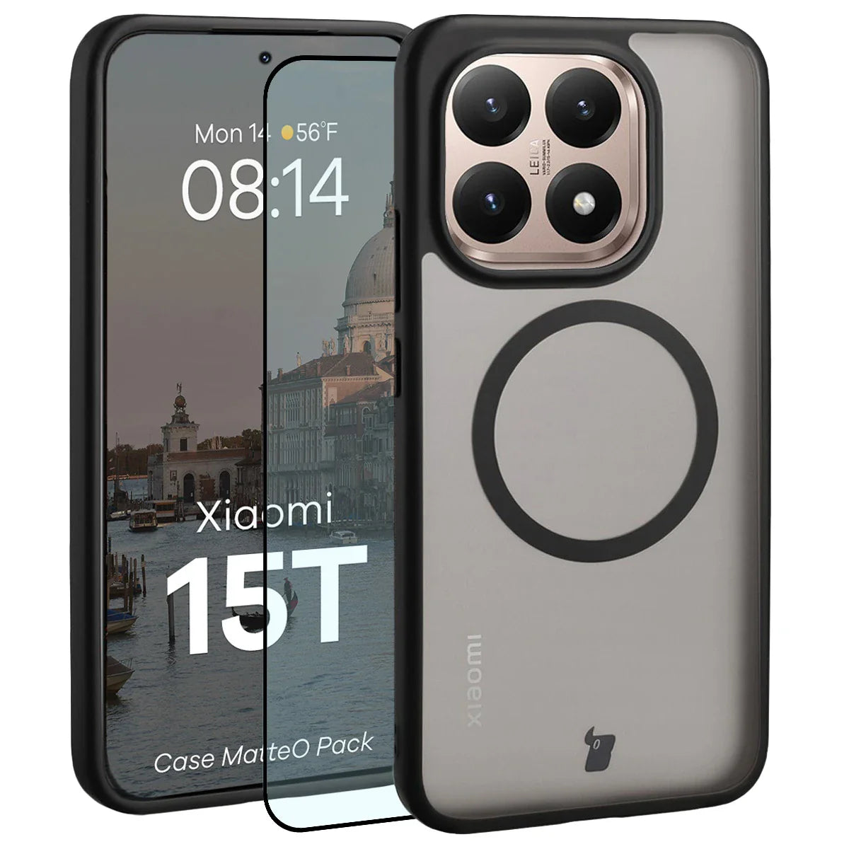 Schutzhülle mit Magnetring + gehärtetem Glas für Xiaomi 15T, Bizon MatteO Pack, Getönt-Schwarz