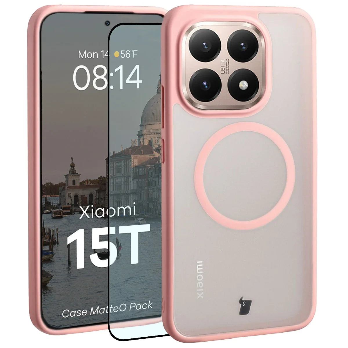 Schutzhülle mit Magnetring + gehärtetem Glas für Xiaomi 15T, Bizon MatteO Pack, Getönt-Hellrosa