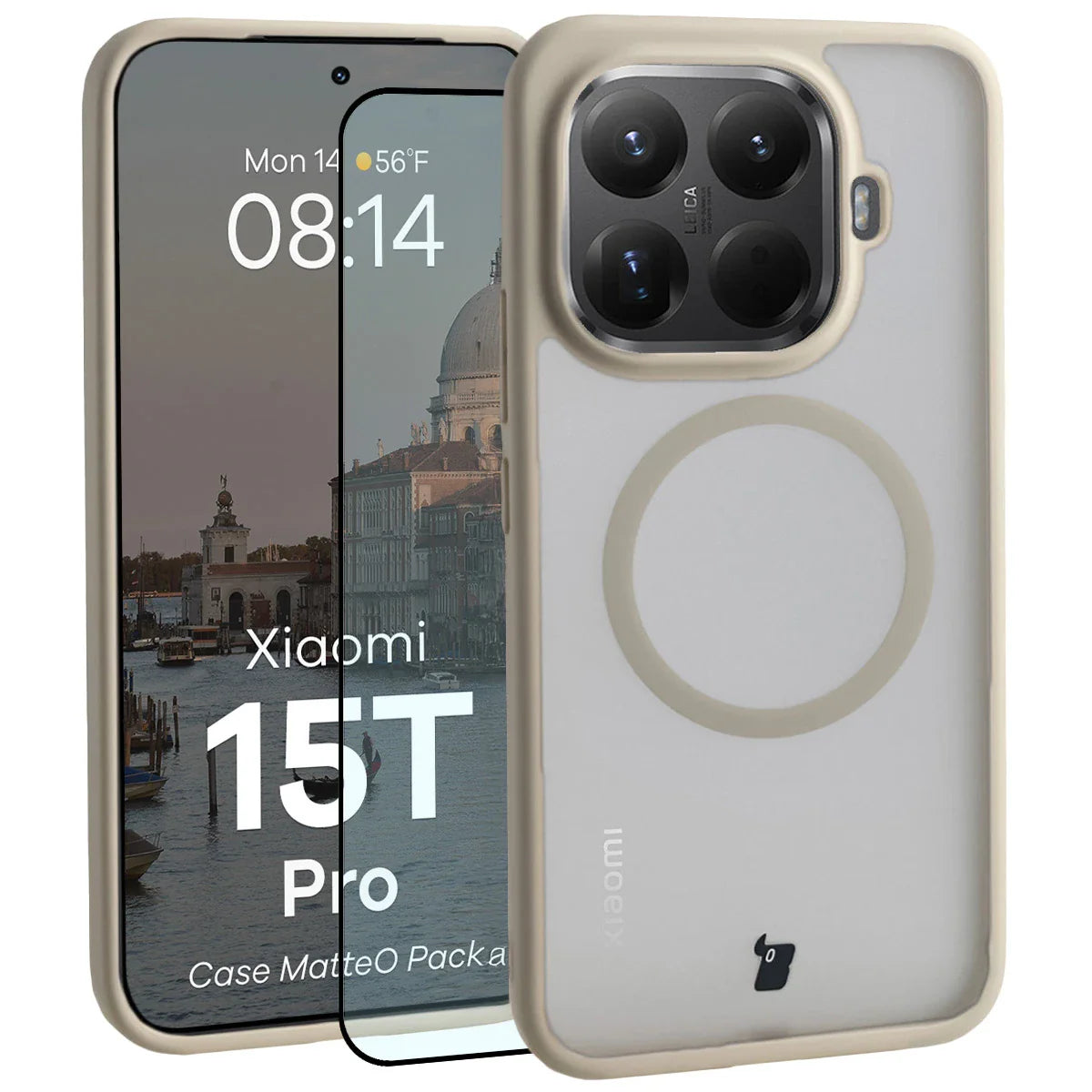 Schutzhülle mit Magnetring + gehärtetem Glas für Xiaomi 15T Pro, Bizon MatteO Pack, Getönt-Beige