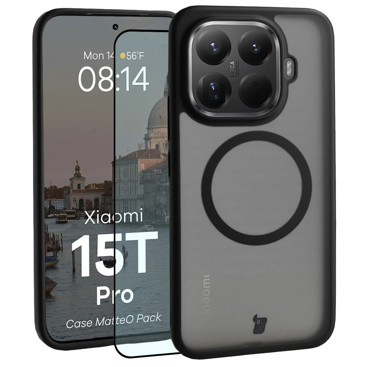 Schutzhülle mit Magnetring + gehärtetem Glas für Xiaomi 15T Pro, Bizon MatteO Pack, Getönt-Schwarz