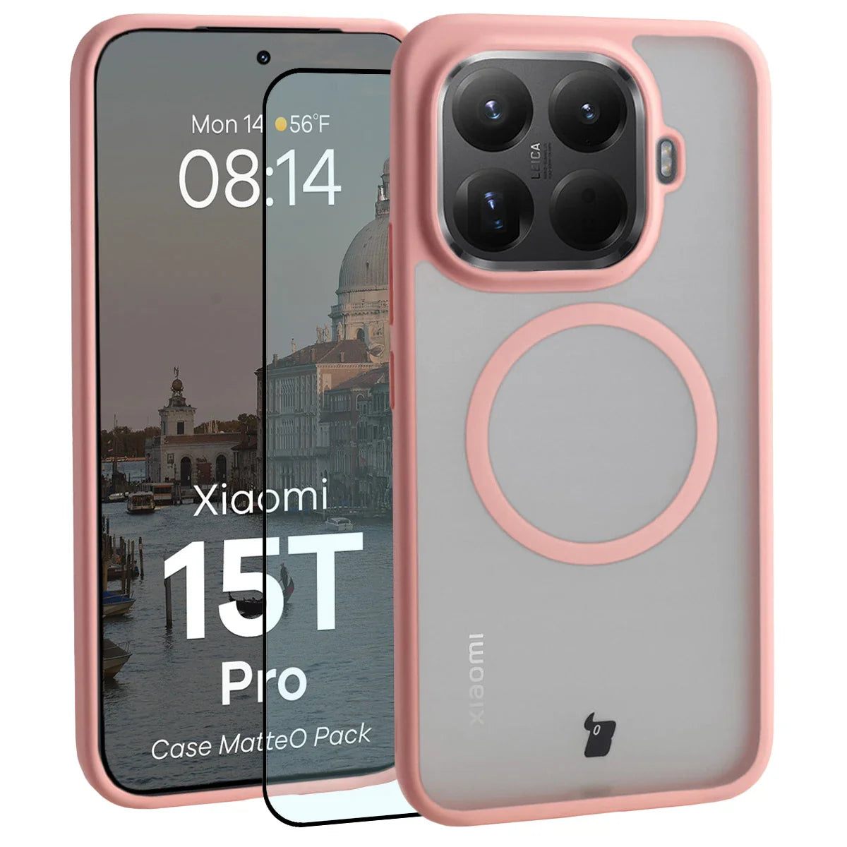 Schutzhülle mit Magnetring + gehärtetem Glas für Xiaomi 15T Pro, Bizon MatteO Pack, Getönt-Hellrosa