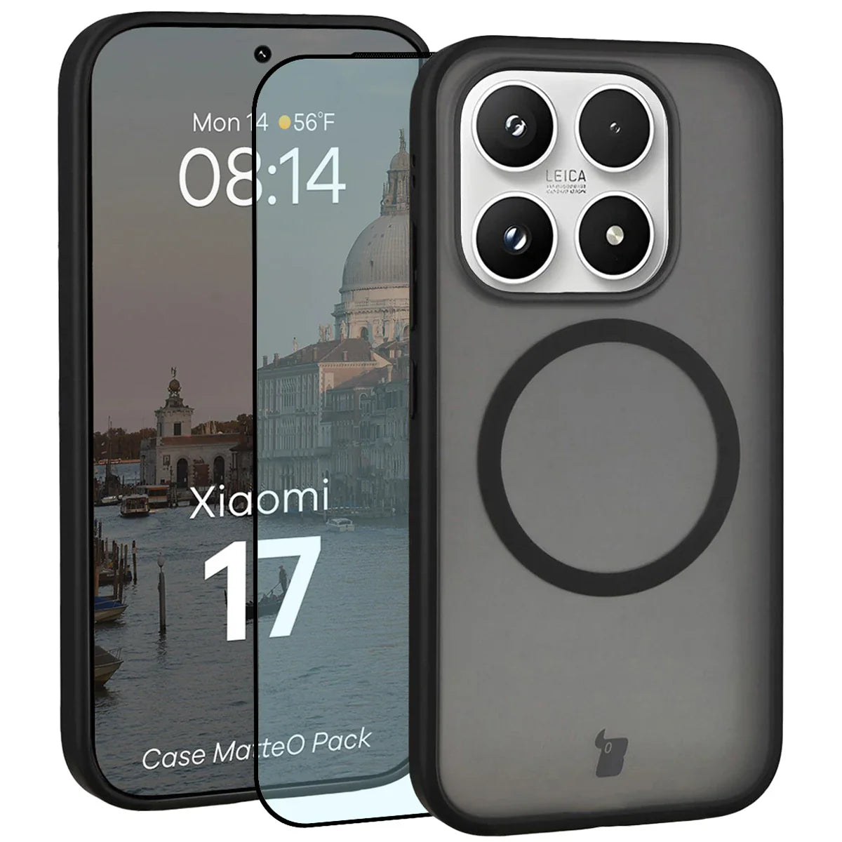 Schutzhülle mit Magnetring + gehärtetem Glas für Xiaomi 17, Bizon MatteO Pack, Getönt-Schwarz