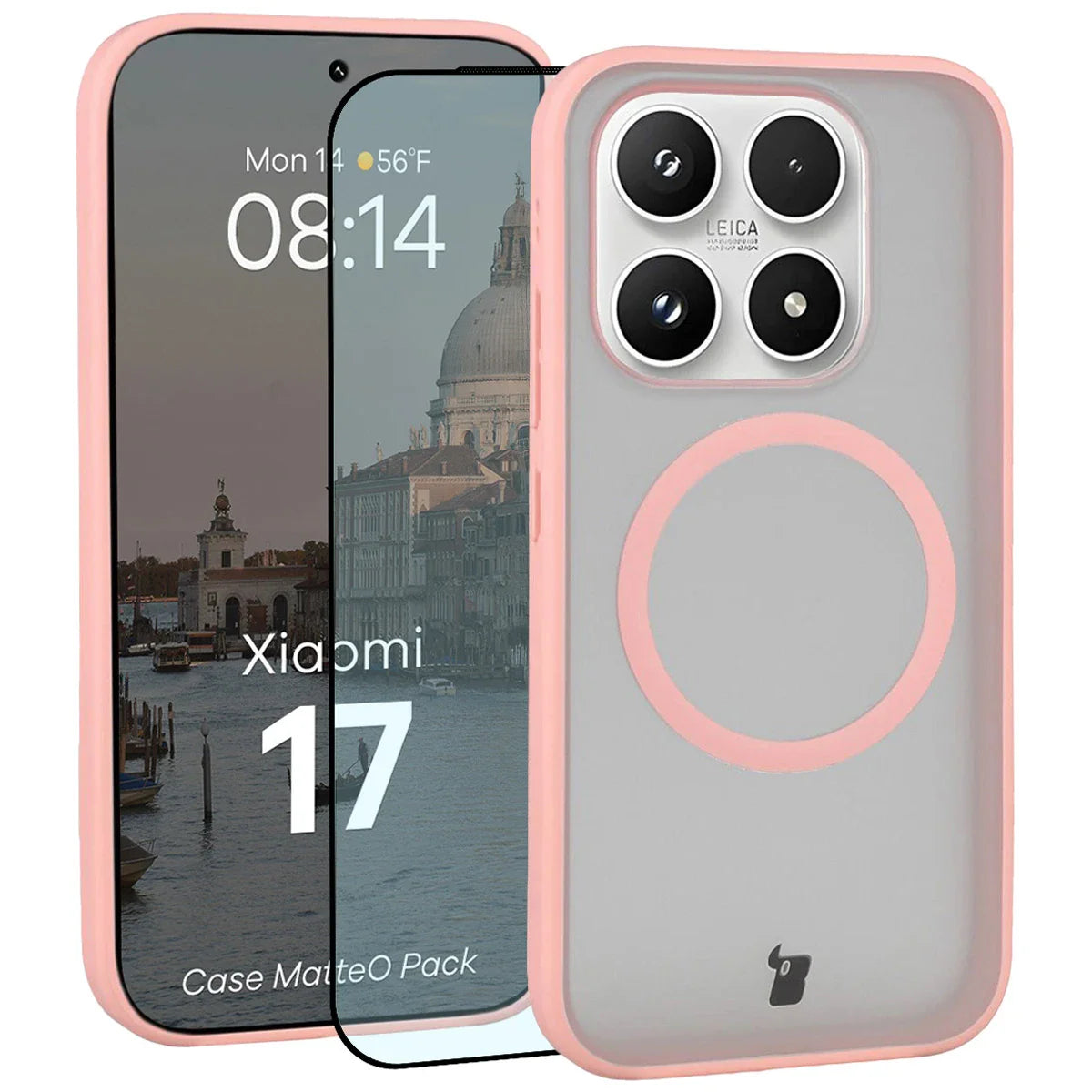 Schutzhülle mit Magnetring + gehärtetem Glas für Xiaomi 17, Bizon MatteO Pack, Getönt-Hellrosa