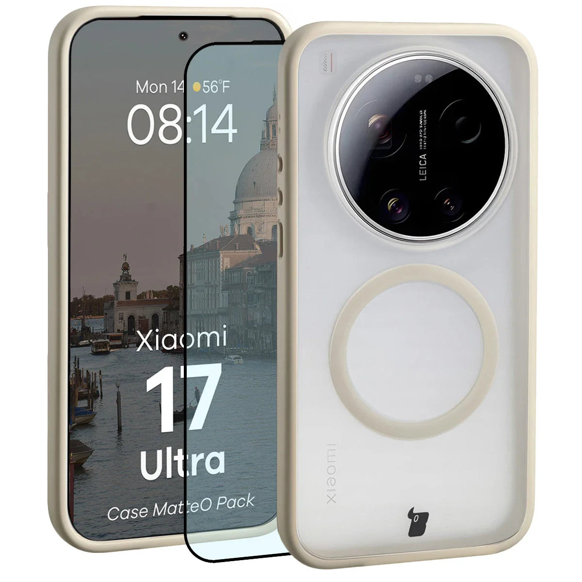 Schutzhülle mit Magnetring + gehärtetem Glas für Xiaomi 17 Ultra, Bizon MatteO Pack, Getönt-Beige