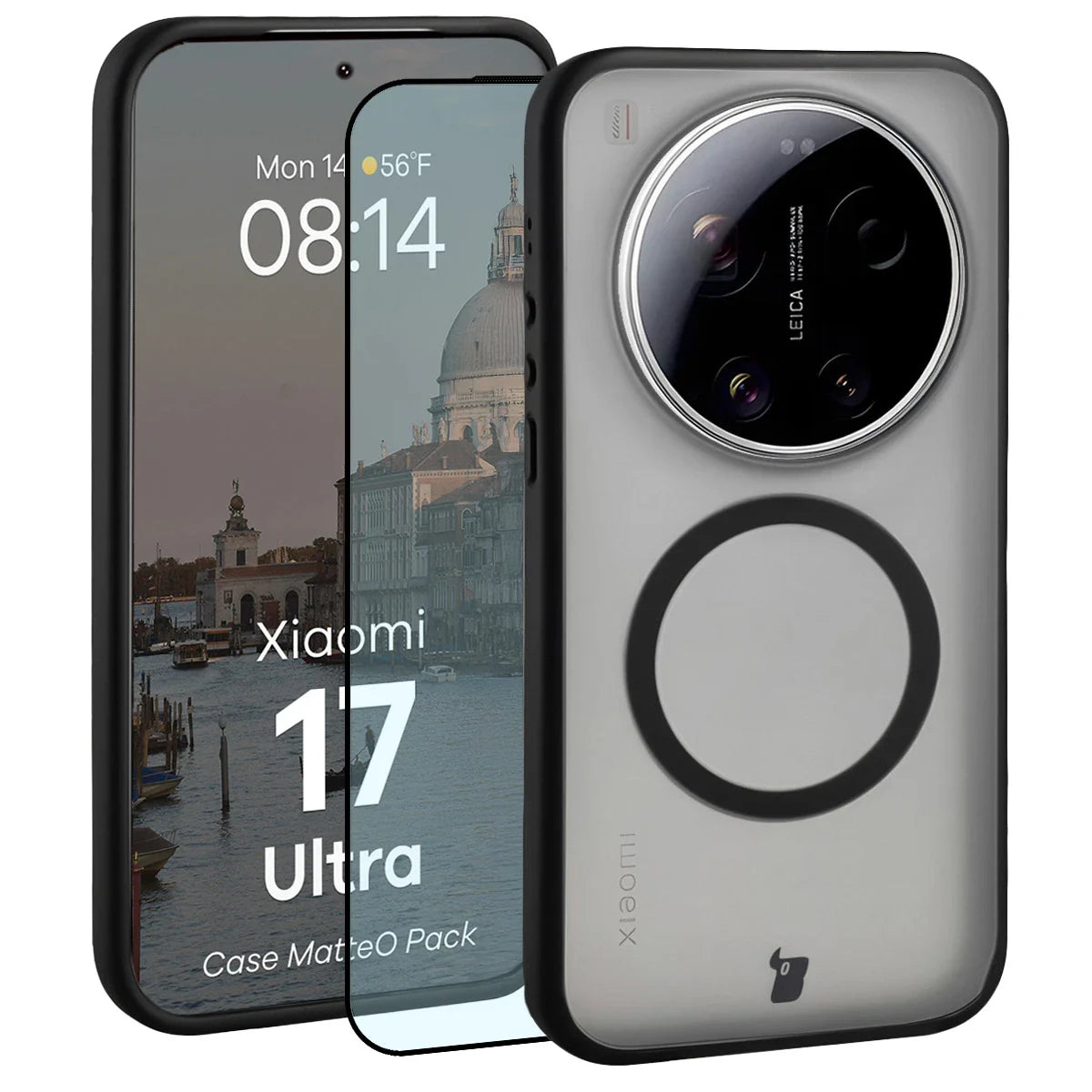 Schutzhülle mit Magnetring + gehärtetem Glas für Xiaomi 17 Ultra, Bizon MatteO Pack, Getönt-Schwarz