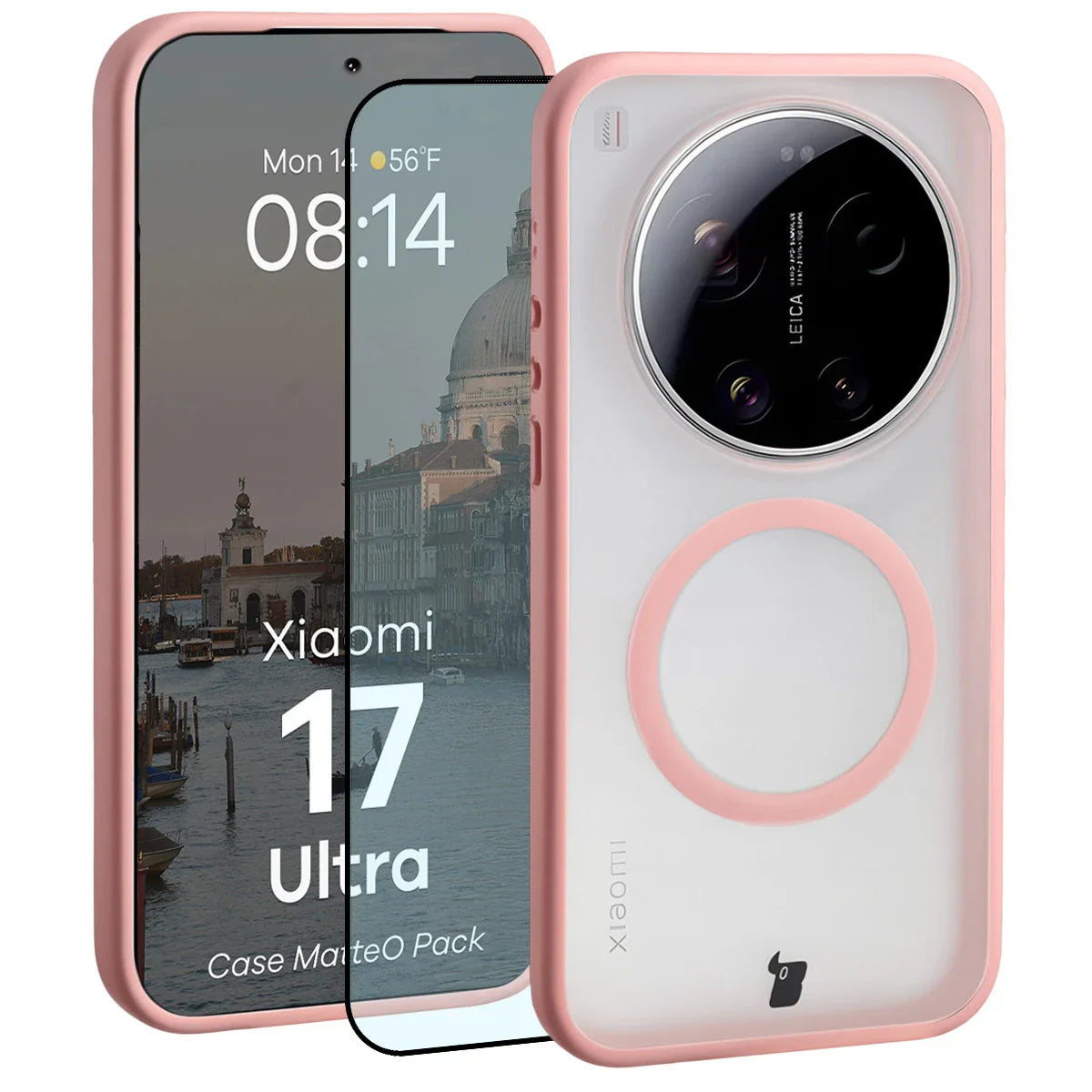 Schutzhülle mit Magnetring + gehärtetem Glas für Xiaomi 17 Ultra, Bizon MatteO Pack, Getönt-Hellrosa