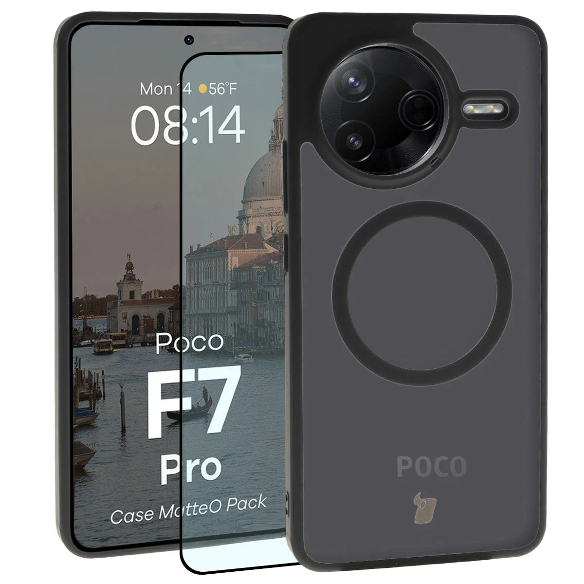 Schutzhülle mit Magnetring + gehärtetem Glas für Xiaomi POCO F7 Pro, Bizon MatteO Pack, Getönt-Schwarz