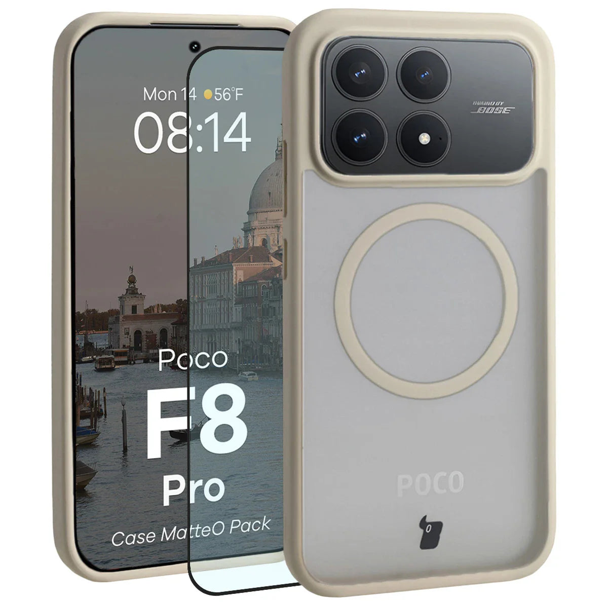 Schutzhülle mit Magnetring + gehärtetem Glas für Xiaomi POCO F8 Pro, Bizon MatteO Pack, Getönt-Beige
