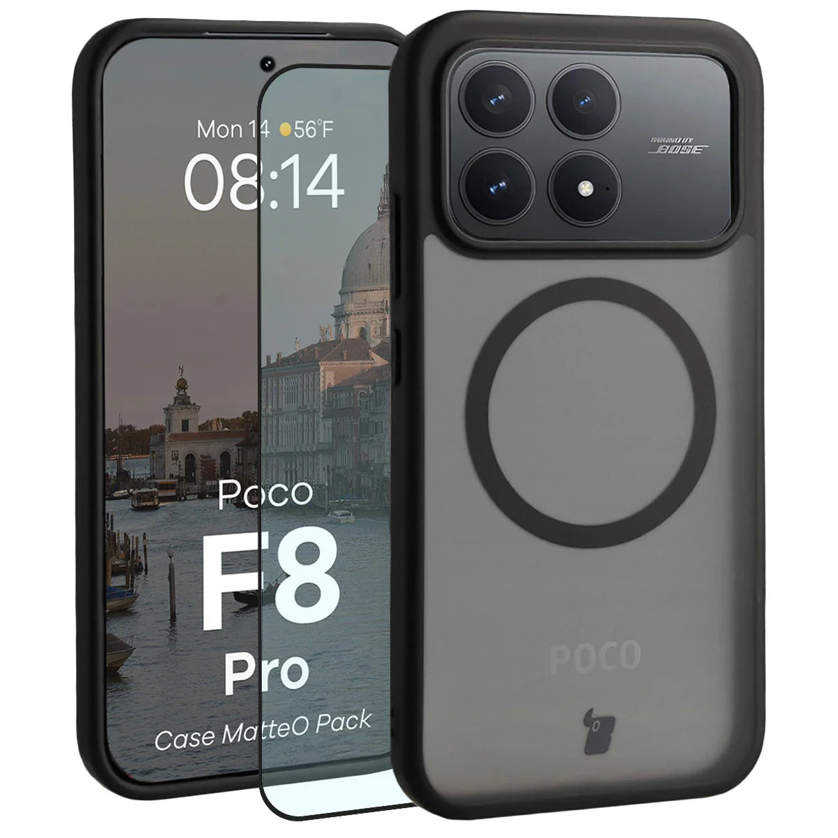 Schutzhülle mit Magnetring + gehärtetem Glas für Xiaomi POCO F8 Pro, Bizon MatteO Pack, Getönt-Schwarz