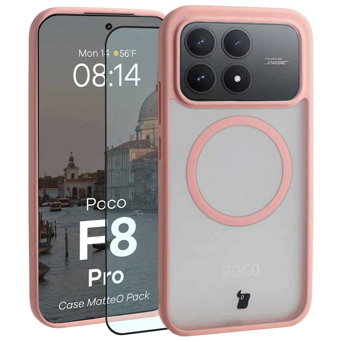 Schutzhülle mit Magnetring + gehärtetem Glas für Xiaomi POCO F8 Pro, Bizon MatteO Pack, Getönt-Hellrosa