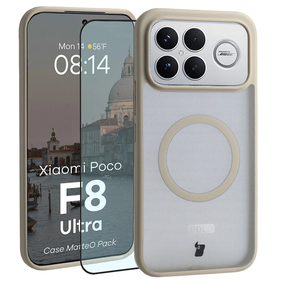 Schutzhülle mit Magnetring + gehärtetem Glas für Xiaomi POCO F8 Ultra, Bizon MatteO Pack, Getönt-Beige