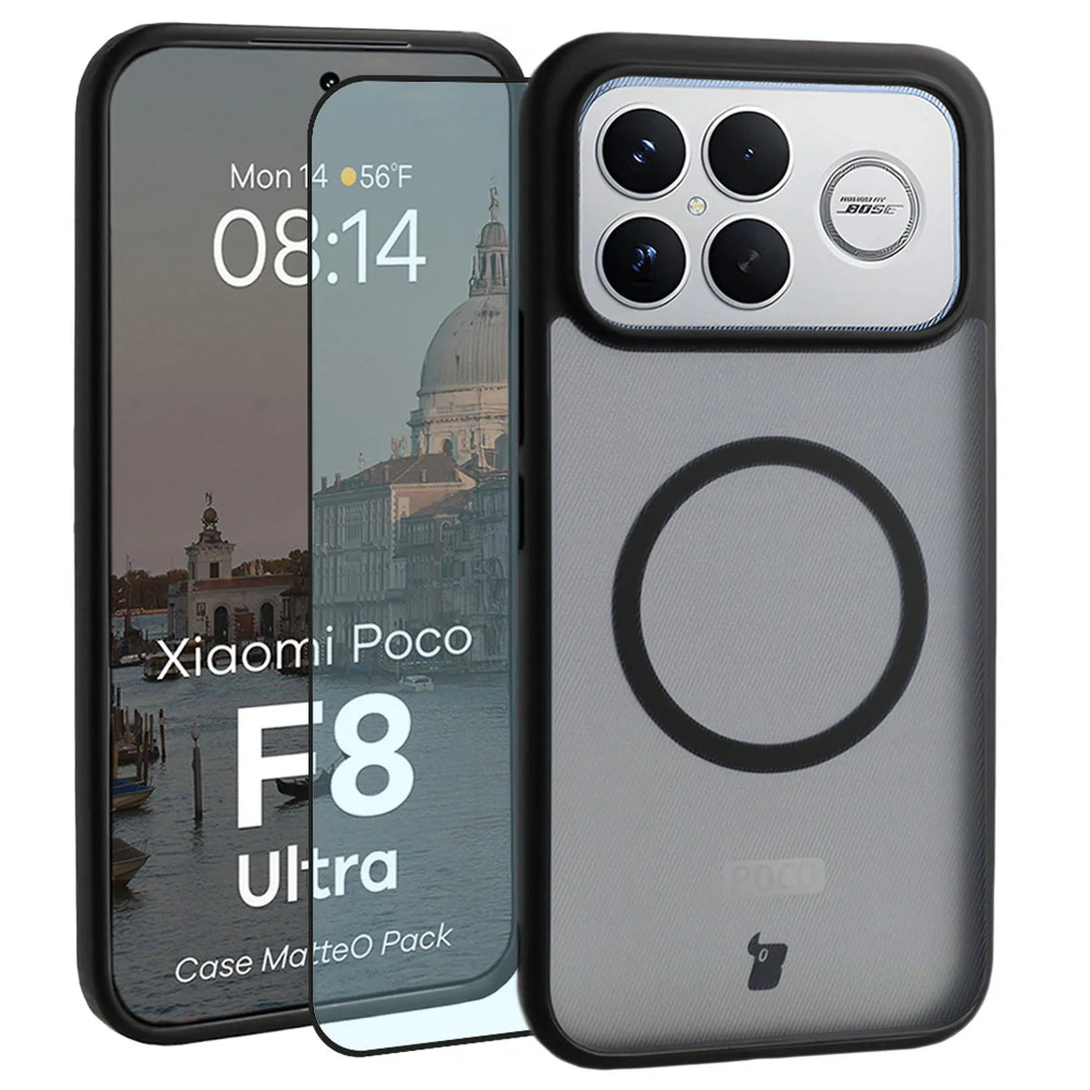 Schutzhülle mit Magnetring + gehärtetem Glas für Xiaomi POCO F8 Ultra, Bizon MatteO Pack, Getönt-Schwarz