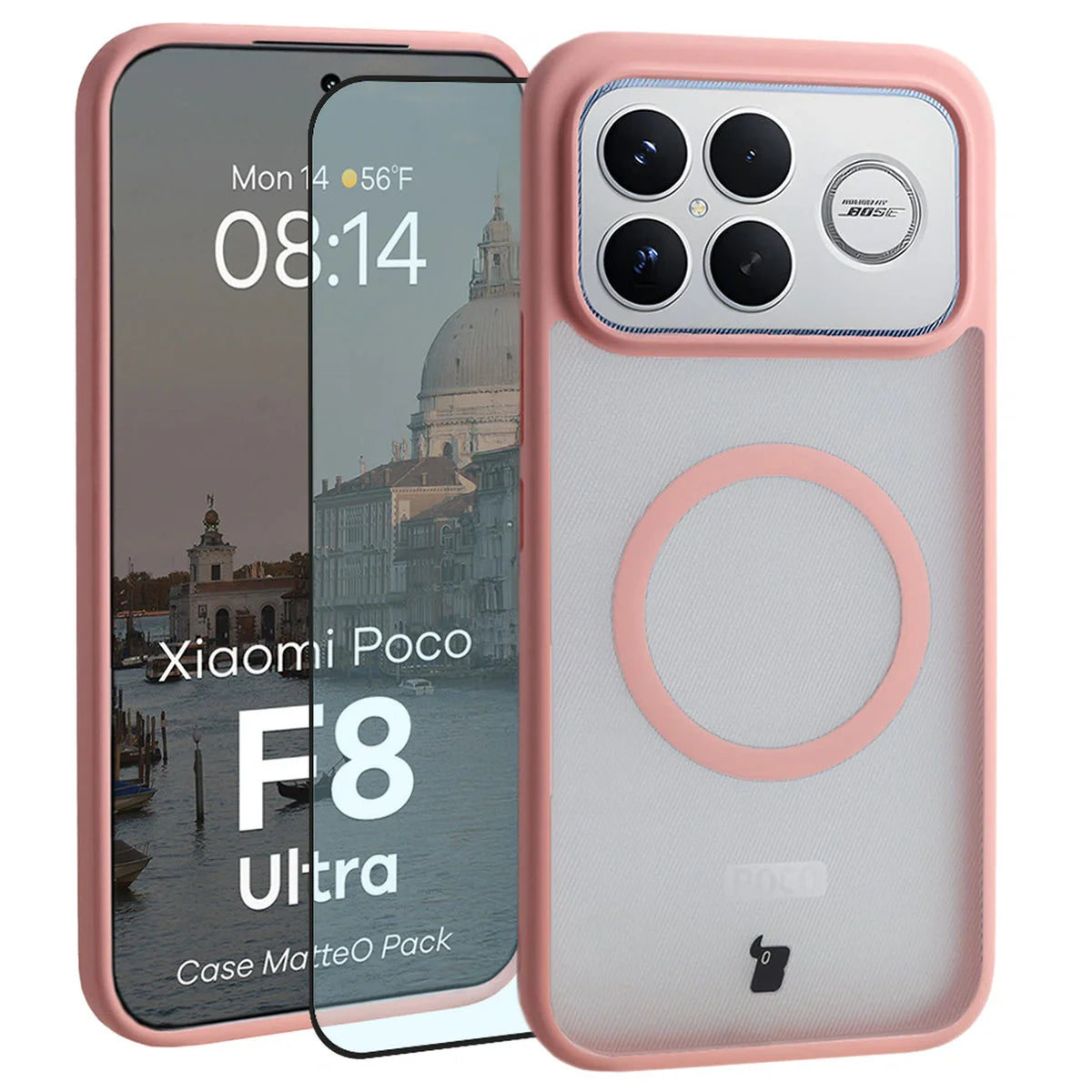 Schutzhülle mit Magnetring + gehärtetem Glas für Xiaomi POCO F8 Ultra, Bizon MatteO Pack, Getönt-Hellrosa