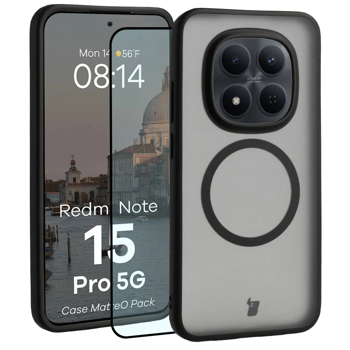Schutzhülle mit Magnetring + gehärtetem Glas für Xiaomi Redmi Note 15 Pro 5G, Bizon MatteO Pack, Getönt-Schwarz