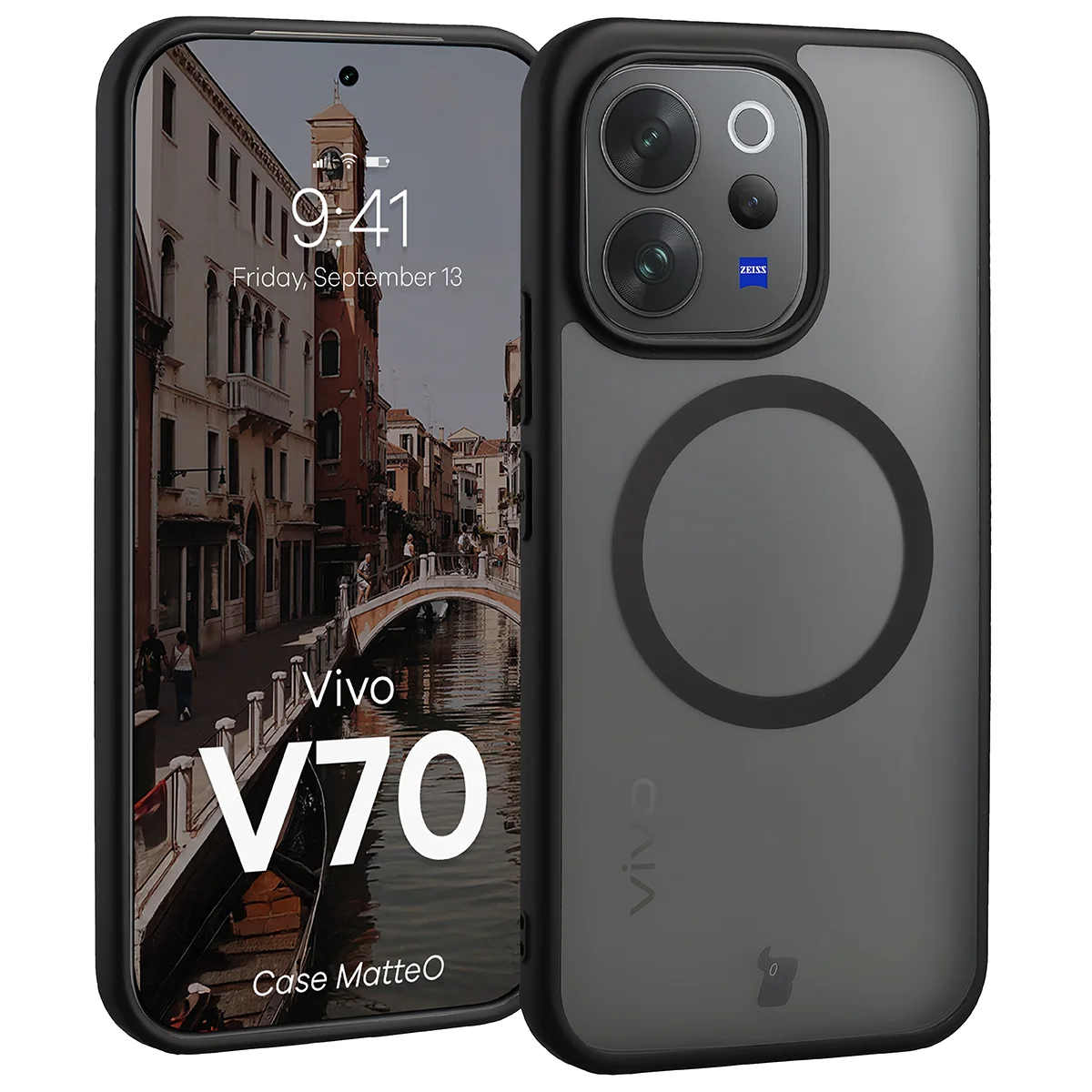 Handyhülle mit Magnetring für Vivo V70 5G, Bizon Case MatteO, Getönt-Schwarz