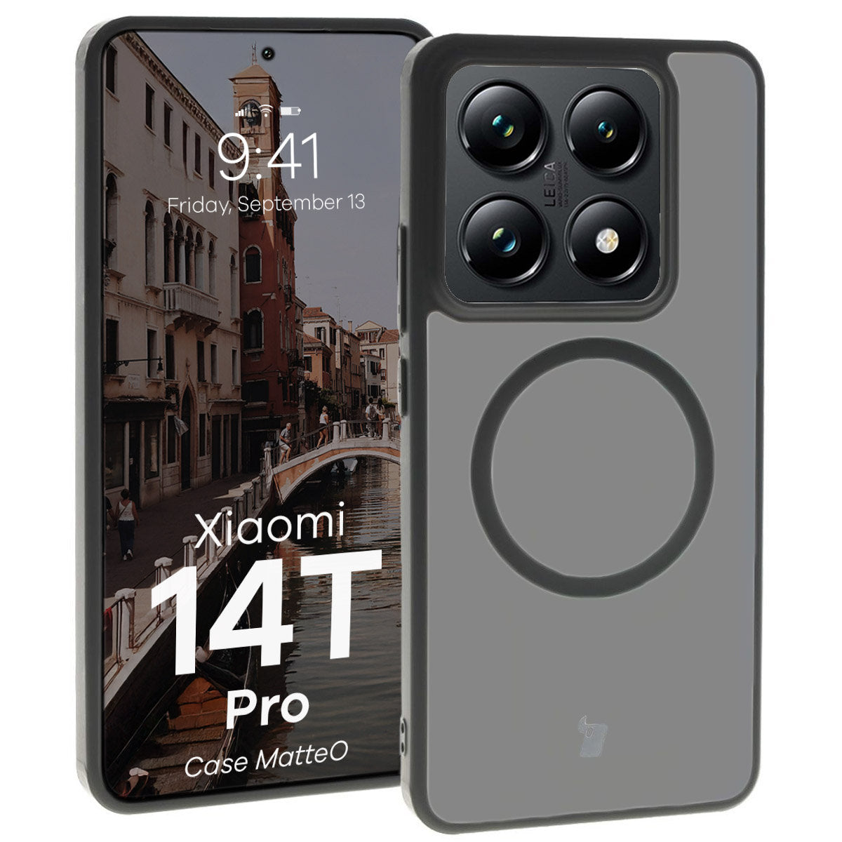 Handyhülle mit Magnetring für Xiaomi 14T Pro, Bizon Case MatteO, Semitransparent mit schwarzem Rand