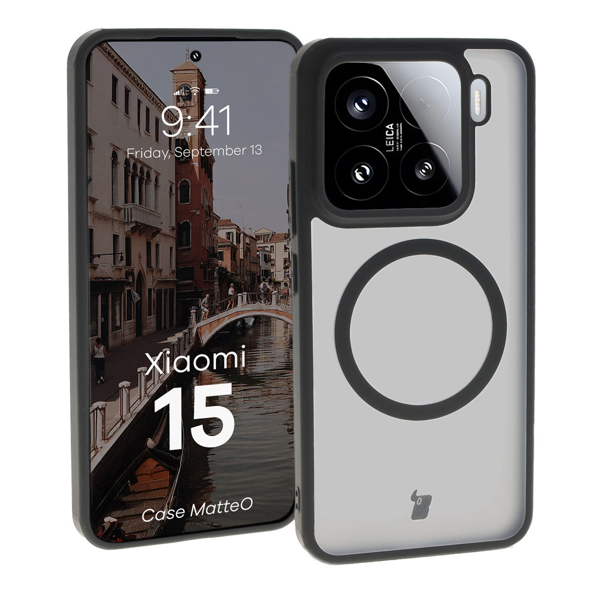 Handyhülle mit Magnetring für Xiaomi 15, Bizon Case MatteO, Semitransparent mit schwarzem Rand
