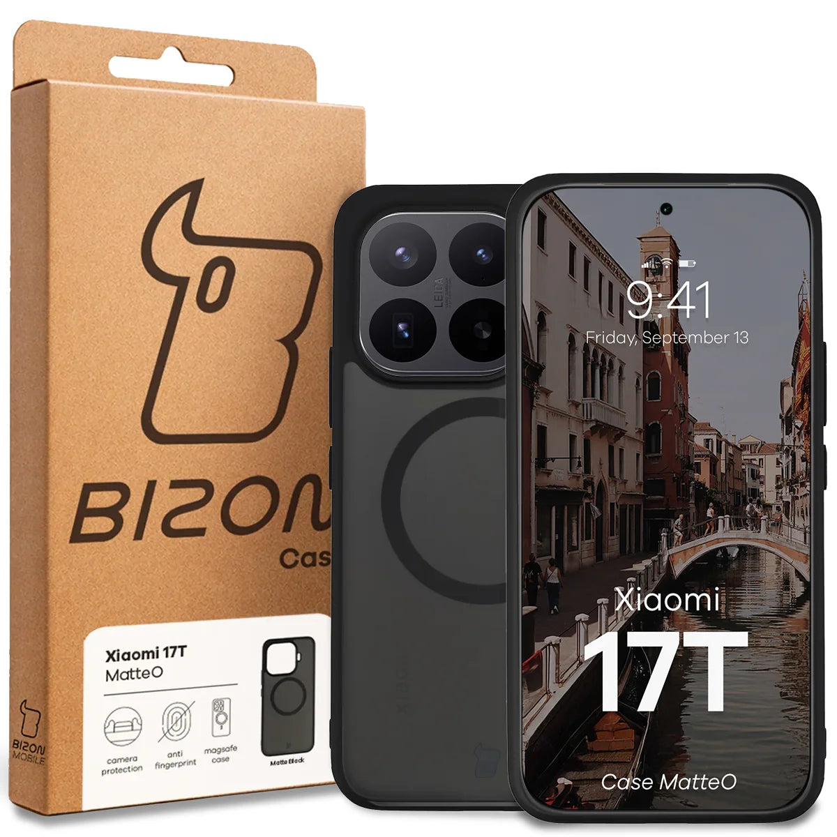 Handyhülle mit Magnetring für Xiaomi 17T, Bizon Case MatteO, Getönt-Schwarz
