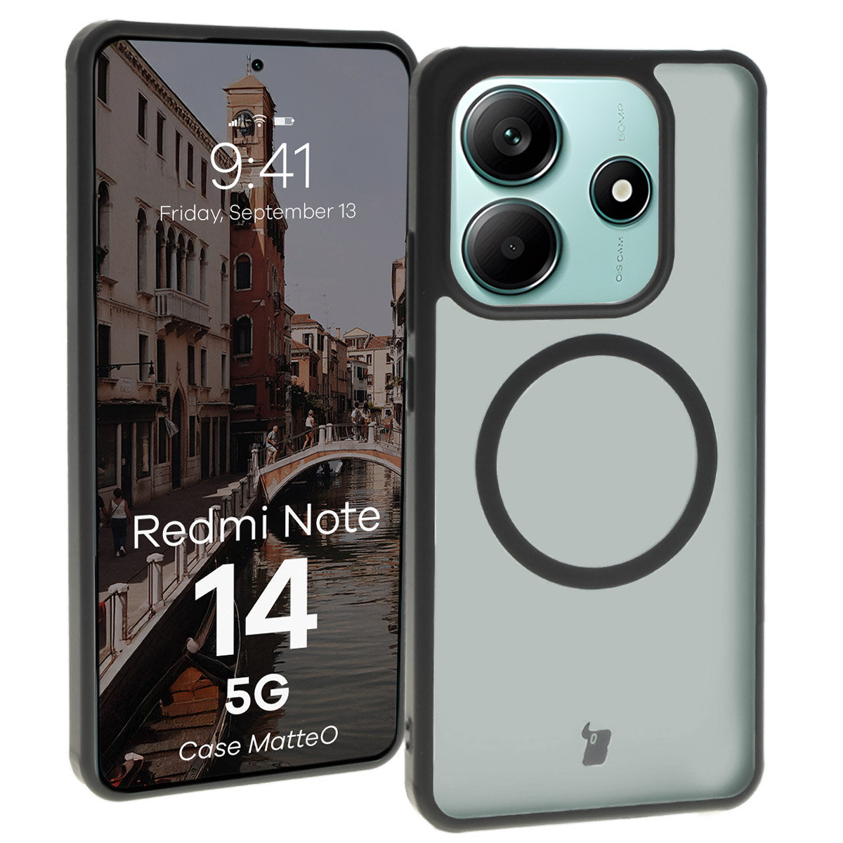 Handyhülle mit Magnetring für Xiaomi Redmi Note 14 5G, Bizon Case MatteO, Semitransparent mit schwarzem Rand