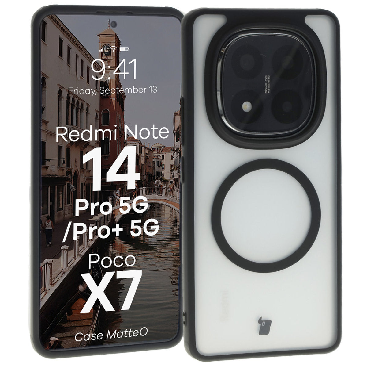 Handyhülle mit Magnetring für Xiaomi Redmi Note 14 Pro 5G / 14 Pro Plus 5G / Poco X7, Bizon Case MatteO, Semitransparent mit schwarzem Rand