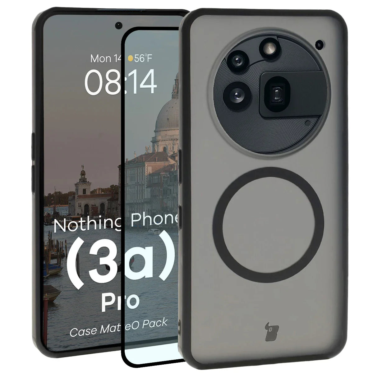 Schutzhülle mit Magnetring + gehärtetem Glas für Nothing Phone (3a) Pro, Bizon MatteO Pack, Getönt-Schwarz