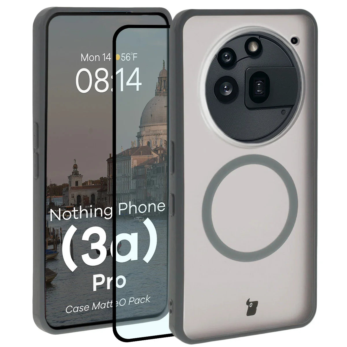 Schutzhülle mit Magnetring + gehärtetem Glas für Nothing Phone (3a) Pro, Bizon MatteO Pack, Getönt-Grau