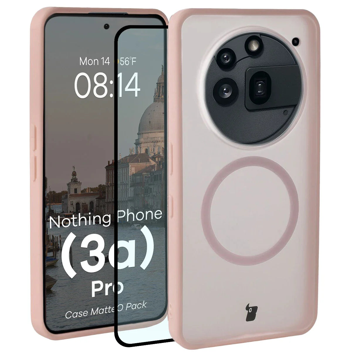 Schutzhülle mit Magnetring + gehärtetem Glas für Nothing Phone (3a) Pro, Bizon MatteO Pack, Getönt-Rosa