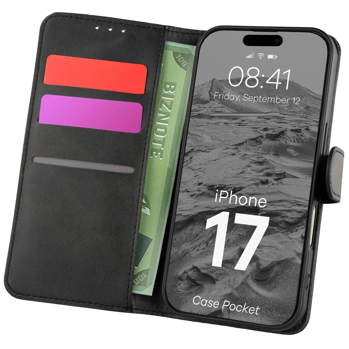 Handyhülle mit Klappe für iPhone 17, Bizon Case Pocket, Schwarz
