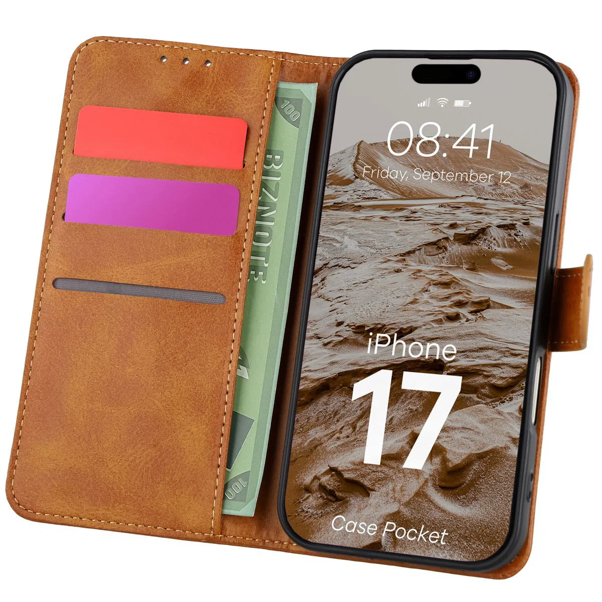 Handyhülle mit Klappe für iPhone 17, Bizon Case Pocket, Braun