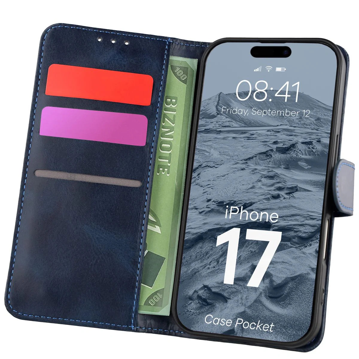 Handyhülle mit Klappe für iPhone 17, Bizon Case Pocket, Dunkelblau