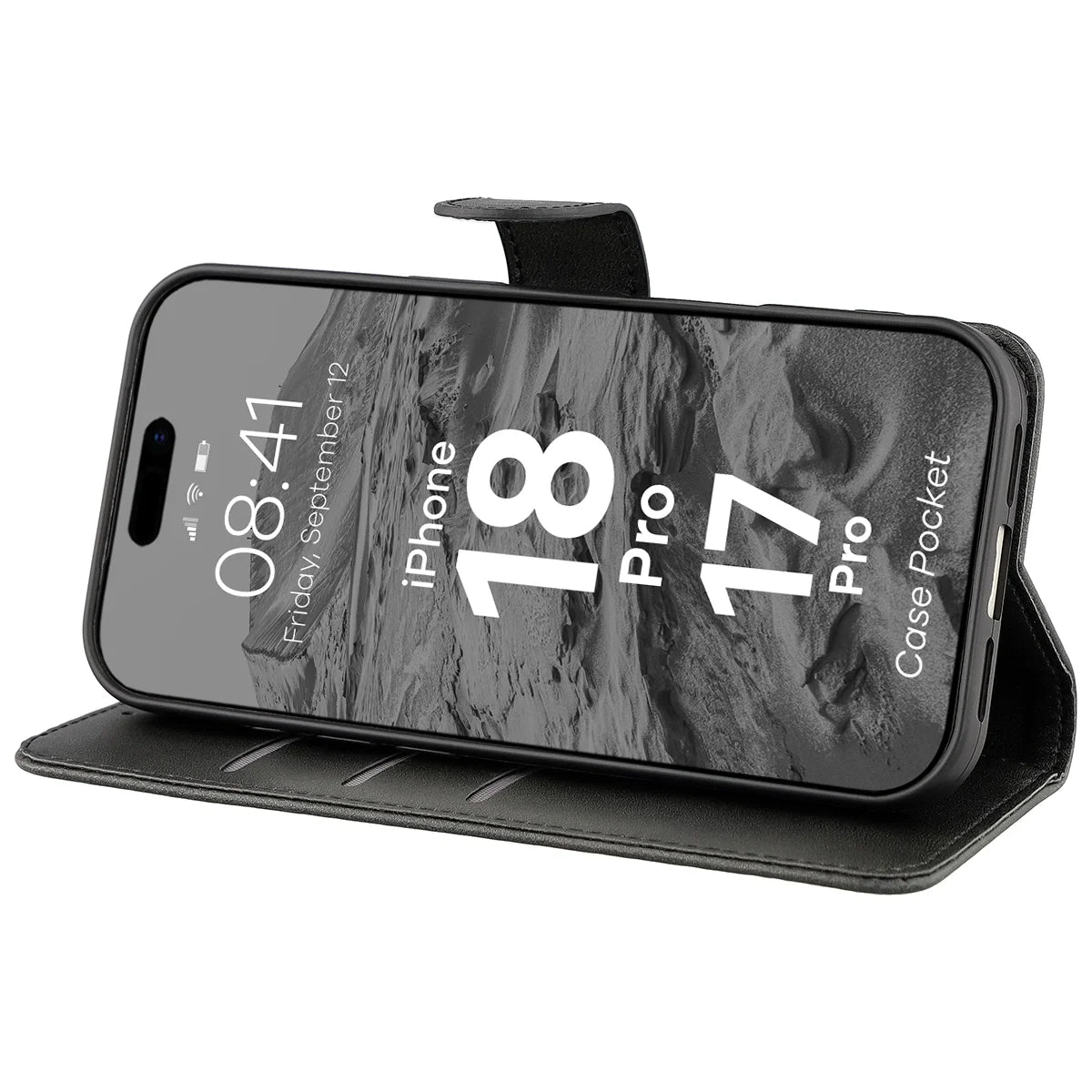 Handyhülle mit Klappe für iPhone 18 Pro / 17 Pro, Bizon Case Pocket, Schwarz
