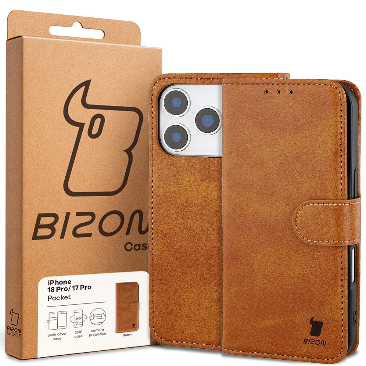 Handyhülle mit Klappe für iPhone 18 Pro / 17 Pro, Bizon Case Pocket, Braun