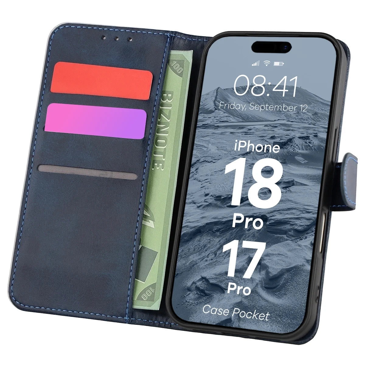 Handyhülle mit Klappe für iPhone 18 Pro / 17 Pro, Bizon Case Pocket, Dunkelblau