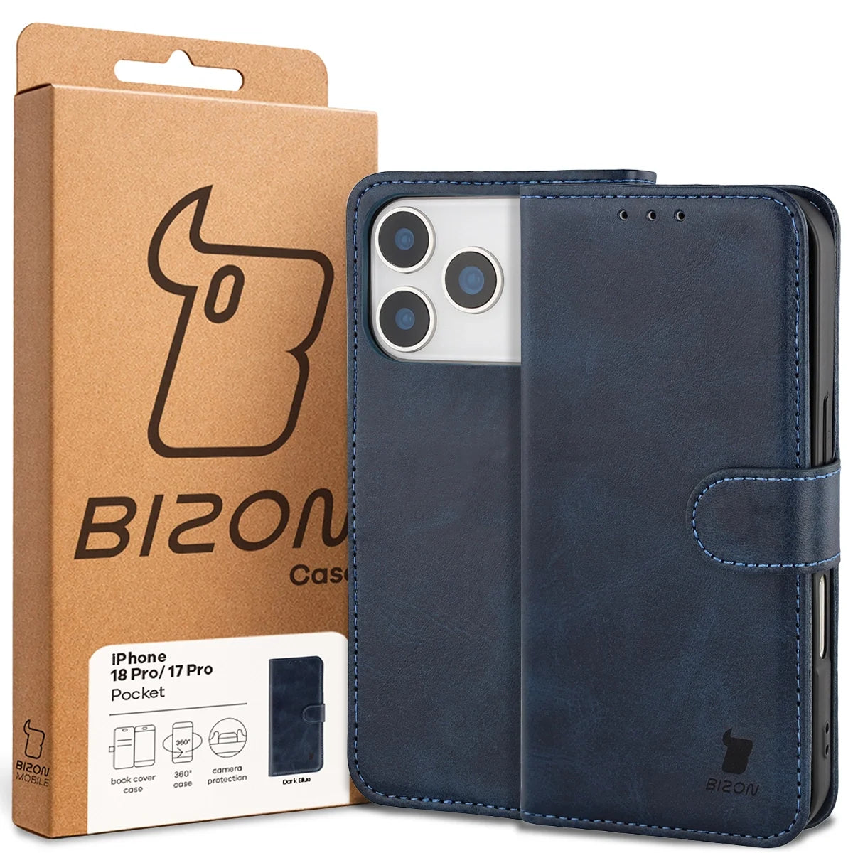 Handyhülle mit Klappe für iPhone 18 Pro / 17 Pro, Bizon Case Pocket, Dunkelblau