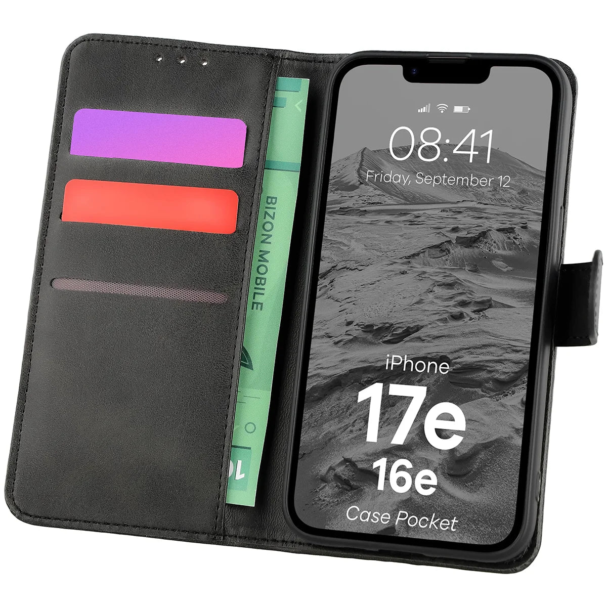 Handyhülle mit Klappe für iPhone 17e / 16e, Bizon Case Pocket, Schwarz