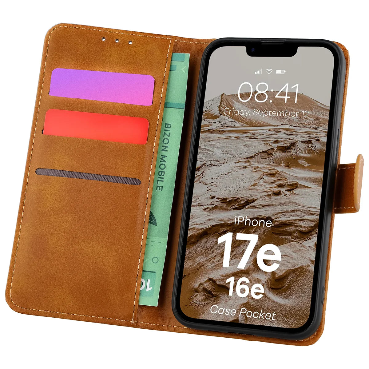 Handyhülle mit Klappe für iPhone 17e / 16e, Bizon Case Pocket, Braun