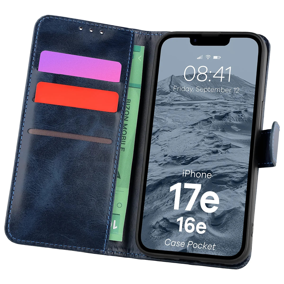 Handyhülle mit Klappe für iPhone 17e / 16e, Bizon Case Pocket, Dunkelblau