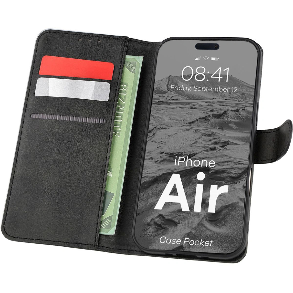 Handyhülle mit Klappe für iPhone Air, Bizon Case Pocket, Schwarz