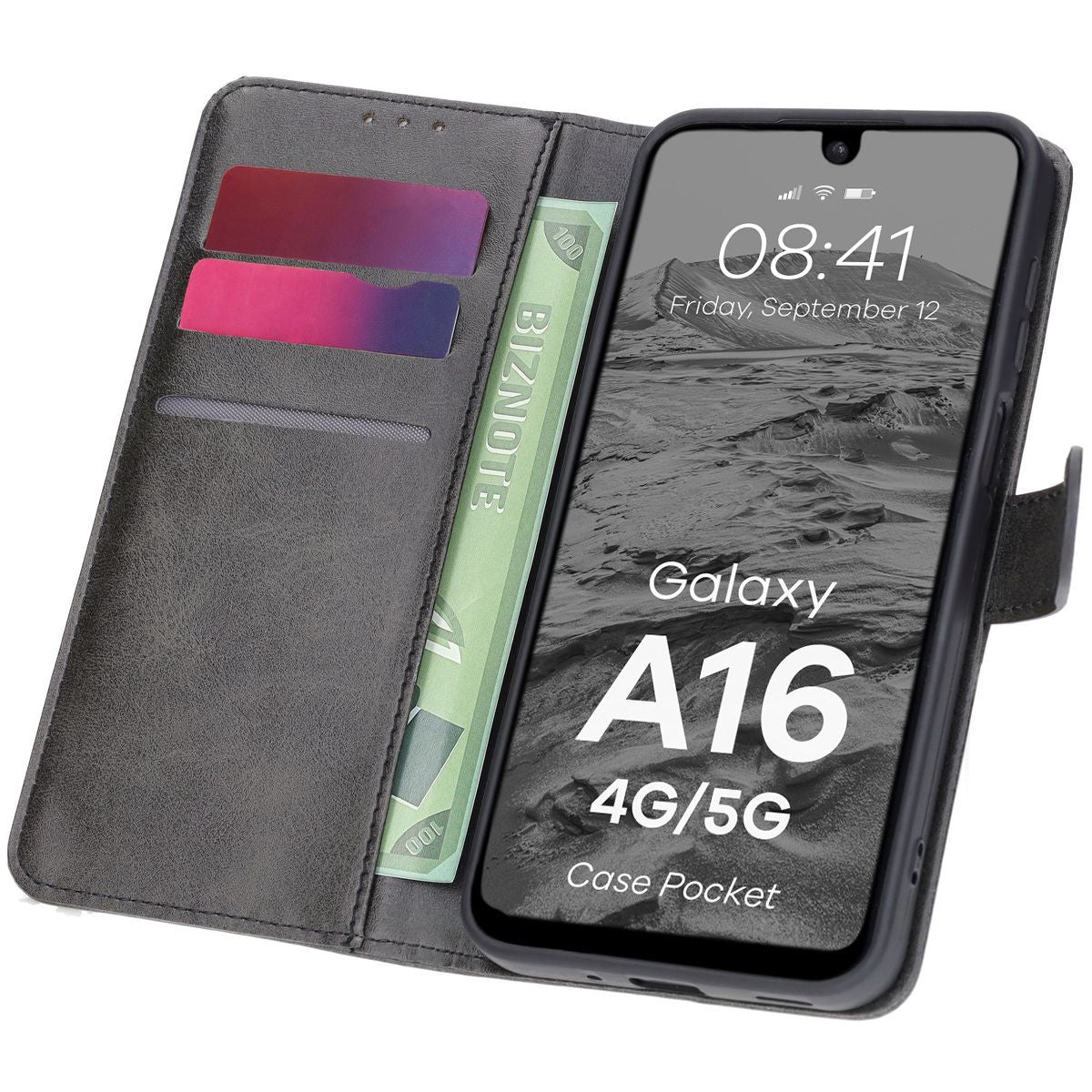 Handyhülle mit Klappe für Galaxy A16 4G/5G, Bizon Case Pocket, Schwarz