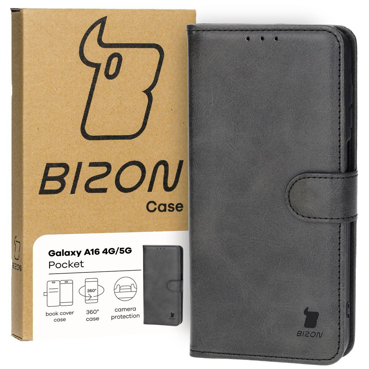 Handyhülle mit Klappe für Galaxy A16 4G/5G, Bizon Case Pocket, Schwarz