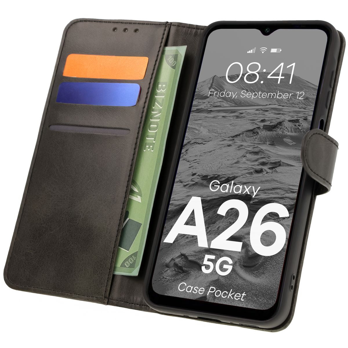 Handyhülle mit Klappe für Galaxy A26 5G, Bizon Case Pocket, Schwarz