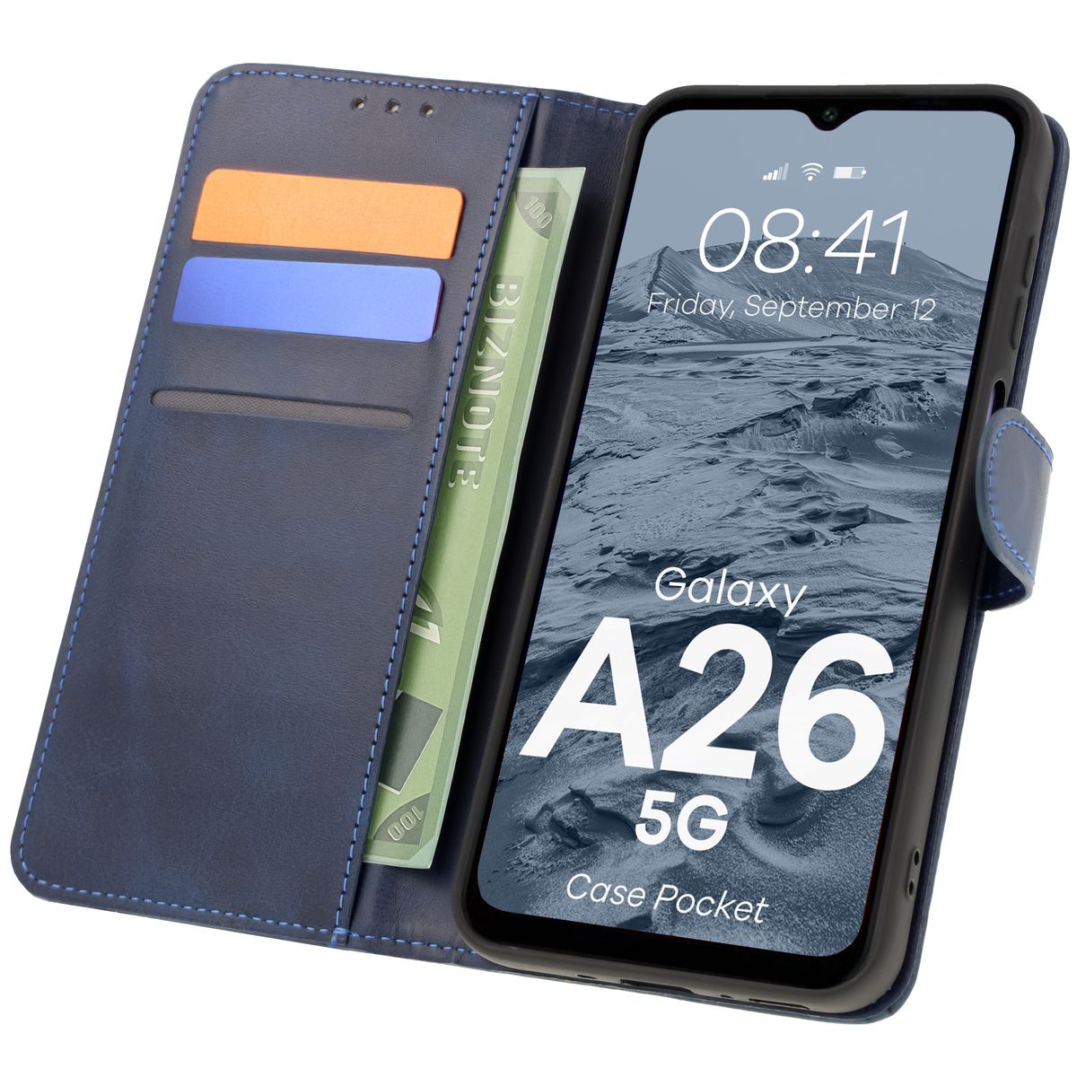 Handyhülle mit Klappe für Galaxy A26 5G, Bizon Case Pocket, Dunkelblau