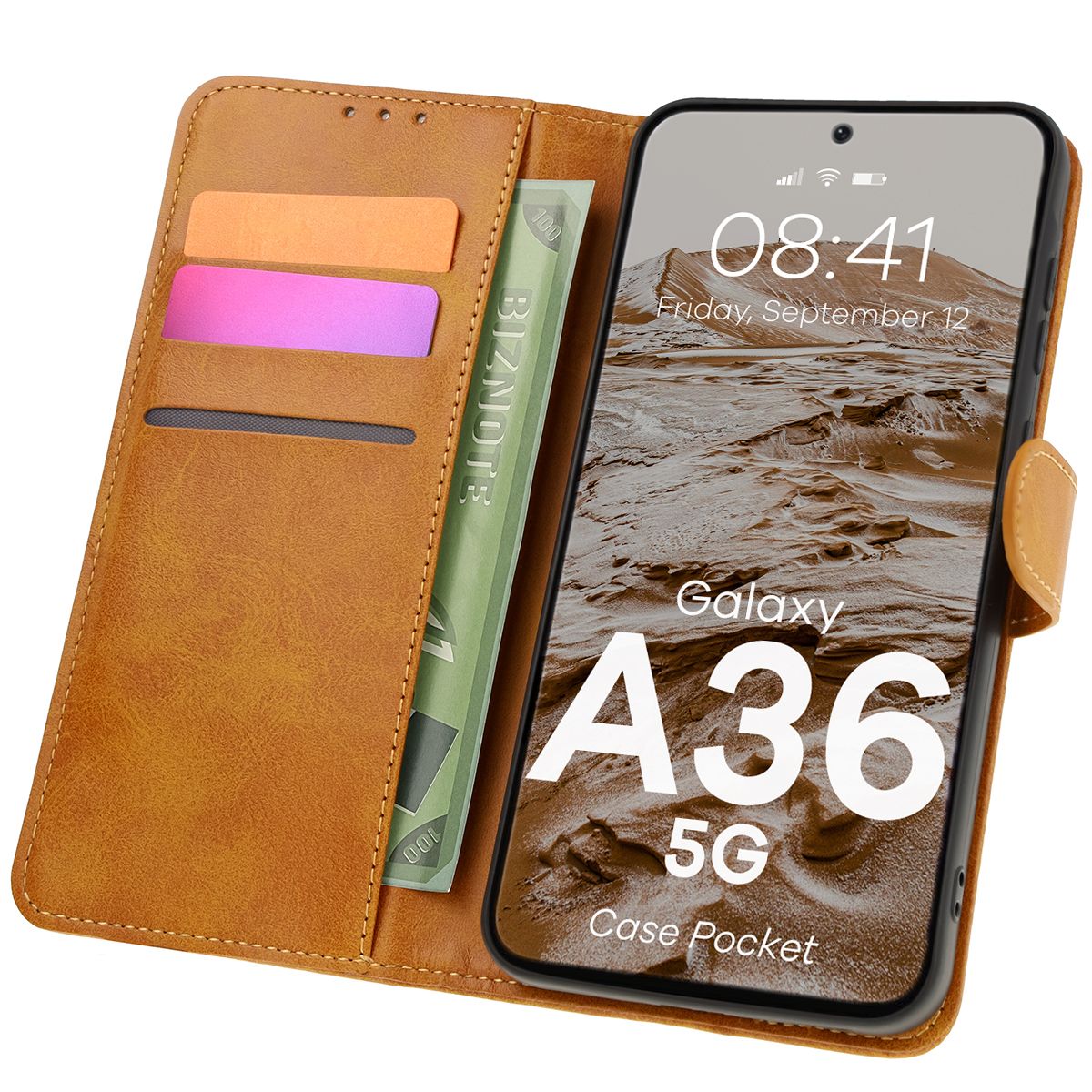 Handyhülle mit Klappe für Galaxy A36 5G, Bizon Case Pocket, Braun